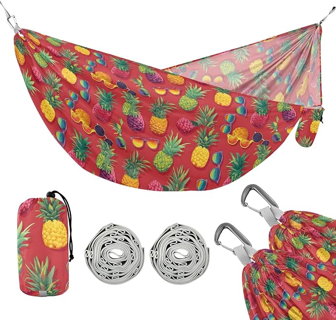 Camping Hammock Outdoor Hammocks for Outside Sunglasses Pineapple Red Beach Trees Portable Lightweight with Pockets Tree Straps Indoor