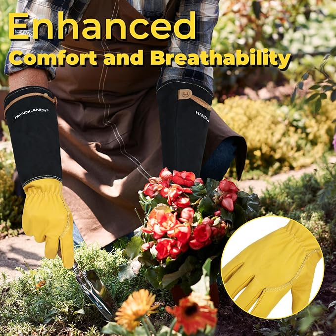 HANDLANDY Rose Pruning Gloves for Men Women, Thorn Proof Gardening Gloves | Long Leather Gardening Gloves, Breathable Leather Gauntlet, Best Garden Gifts & Tools for Gardener (Mustard Yellow, M)