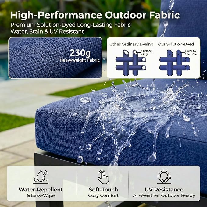 RADIATA 9 Pcs Oversized Contemporary Aluminum Patio Furniture Set, All Weather Modular Sectional Sofa with Tanning Chair & Fireplace, 500 lbs Heavy Duty Comfy Outdoor Couch for Beach Deck, Navy Blue