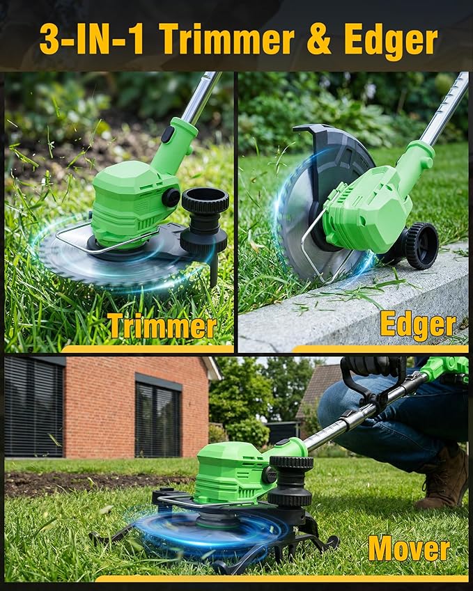 Cordless Weed Wacker Battery Powered, 21V Electric Weed Eater & String Trimmer - 3-in-1 Foldable Grass Cutter Edger with 2.0Ah Battery and Charger for Lawn Garden Yard Maintenance