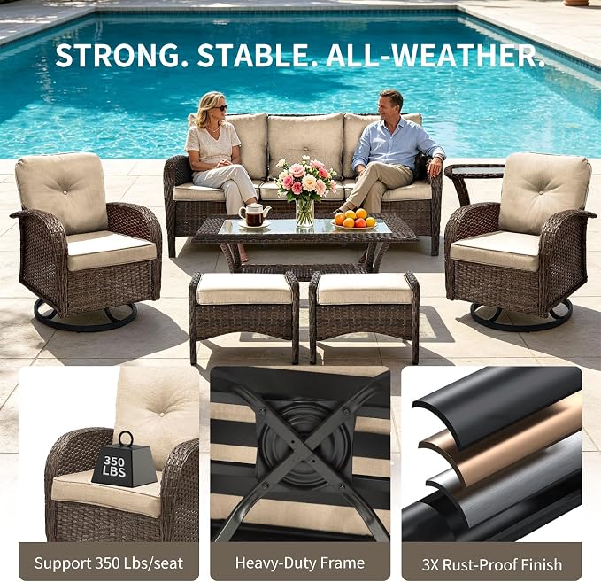 SHGJ&SOFT All Weather Patio Furniture Set, High Back Swivel Rocker Glider Chairs，Ottomans & Glass Tables, Outdoor Conversation Set for Deck Porch Yard Poolside (Brown, 5PCS-Sofa&Swivel Chairs&Tables)