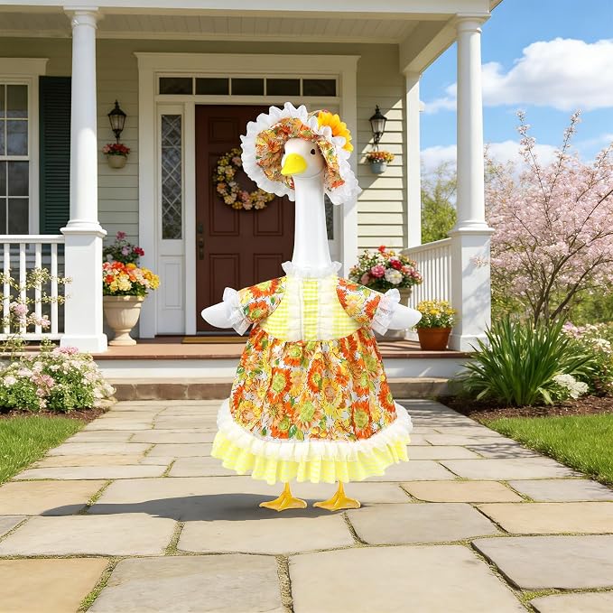 Spring Porch Goose Outfit, Sunflower Goose Outfits Fits 17-23 In Statue | Summer Goose Clothes with Hat for Outdoor Yard Lawn Patio Plastic Cement Decor