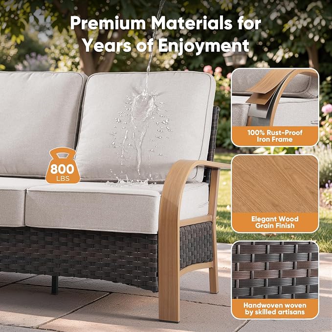 Belord Upgraded 6" Cushion Luxury 3-Seater Outdoor Couch, Wicker Patio Sofa with 6-Inch Thick Cushions, All Weather Rattan Conversation Set Furniture for Balcony Porch Deck Yard, Wood & Beige