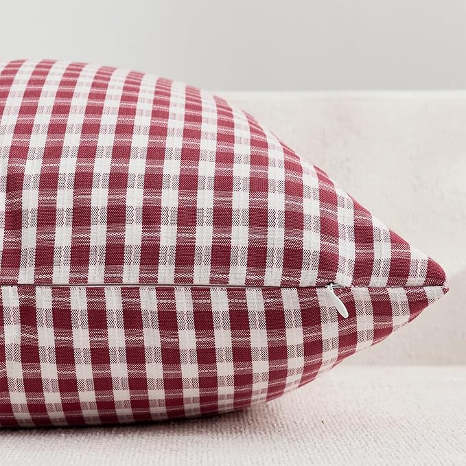 Summer Outdoor Throw Pillow Covers 18x18 Set of 2, Maroon Red Plaid Waterproof Pillow Cases Modern Gingham Farmhouse Decorative Cushion Covers for Couch Balcony Patio