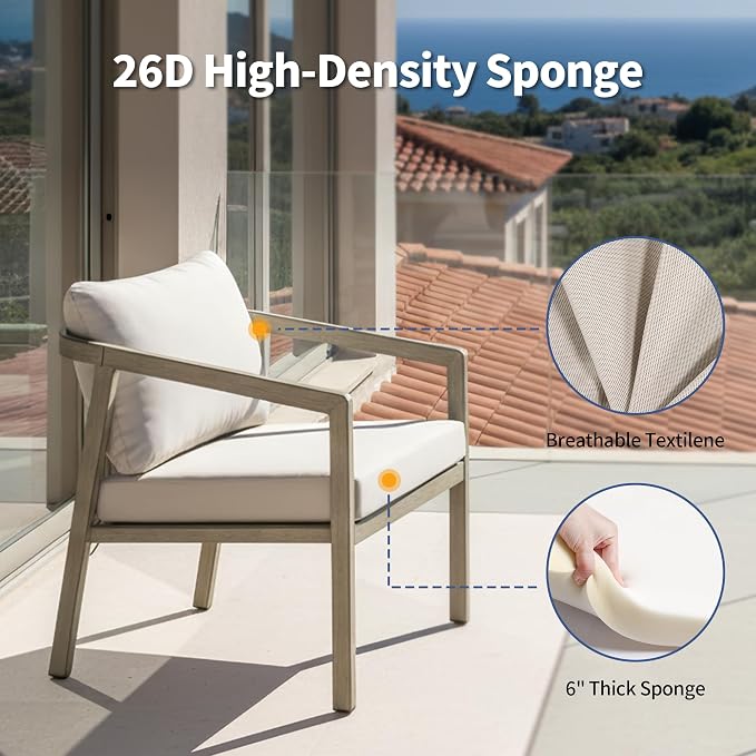 Patio Sofa Chairs Set of 2, Never-Rust Aluminum Outdoor Club Chairs with Washable Thick Cushions, All-Weather Modern Armchair Set for Porch, Deck, Garden, Backyard (Grey+Beige)