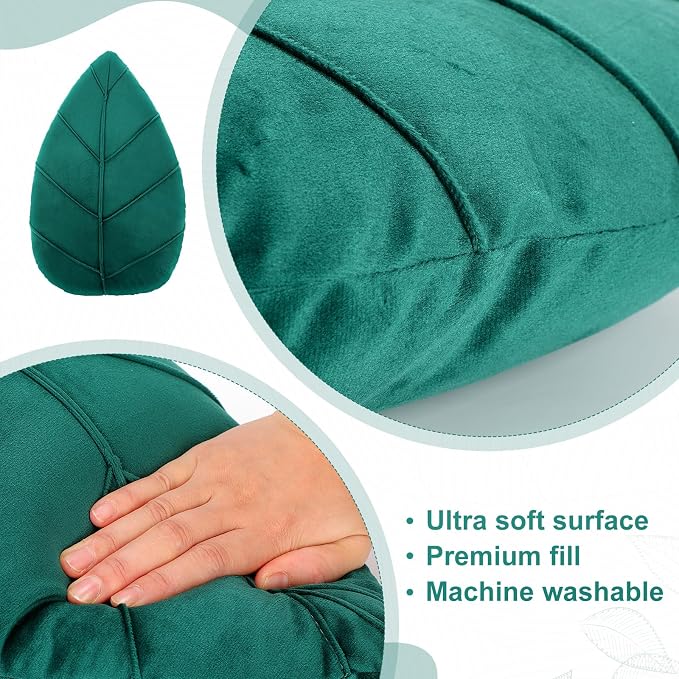 Novabright Set of 2 Leaf Pillows 3D Leaf Shaped Throw Pillows 15" Plush Decorative Plant Cushion Birthday Gifts for Plant Lovers Bedroom Sofa Home Living Room Office Decor(Dark Green)