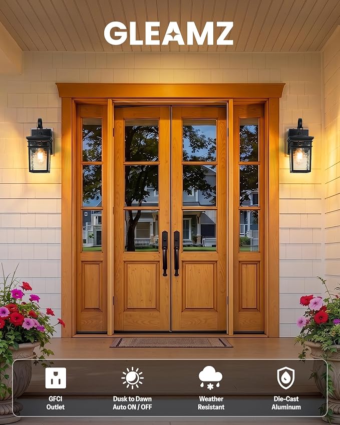 Gleamz 2 Pack Black Outdoor Wall Lights with GFCI Outlet, Dusk to Dawn Outdoor Lighting with Water-Ripple Glass, Anti-Rust Porch Lights for House, Garage, or Patio, 100% Aluminum, Waterproof