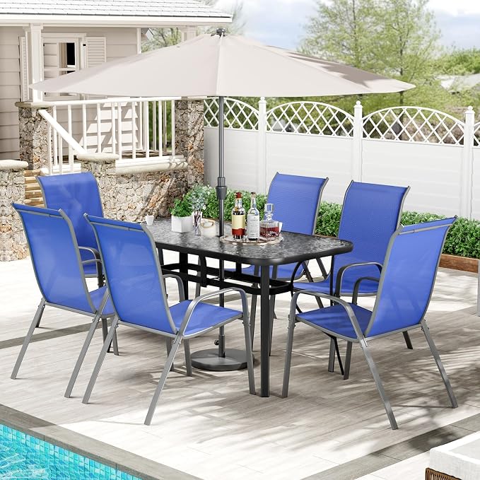 TLSUNNY Patio Dining Set for 6, Outdoor Table and Chairs W/1.69″ Umbrella Hole, 30"X 55" Table and Stackable Textilene Chair, All Weather Patio Furniture Set (Black Table & Navy Blue Chair)