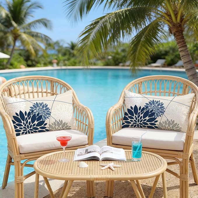 OTOSTAR Outdoor Dark Blue Light Blue Pillow Covers 12x20 Inch Set of 2 White Flower Throw Pillows Farmhouse Geometric Dahlia Floral Lumbar Cushion Case Waterproof Decor for Sofa Patio Funiture Garden