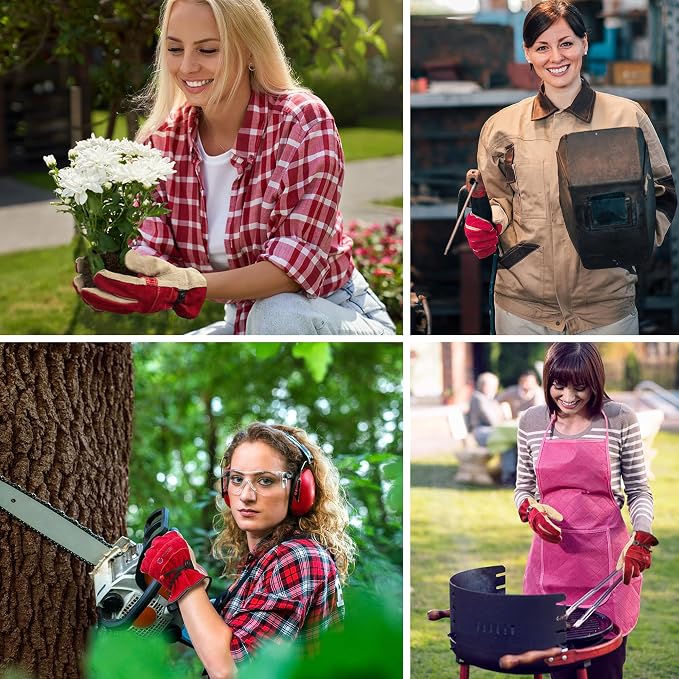 WZQH Leather Work Gloves for Women or Men, Medium Glove for Gardening, Tig/Mig Welding, Construction, Chainsaw, Farm, Ranch, etc. Cowhide, Cotton Lined, Utility, Firm Grip, Durable. Rose Red - Grey M | Used for Gardening, Welding, Construction, Chainsa...