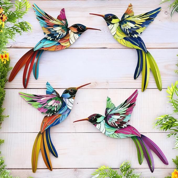 4 Pack Metal Hummingbird Wall Art Decor, 3D Colorful Birds Outdoor Sculpture for Garden Fence, Backyard, Outdoor Wall, Patio and Balcony, Great Gifts for Family Friends
