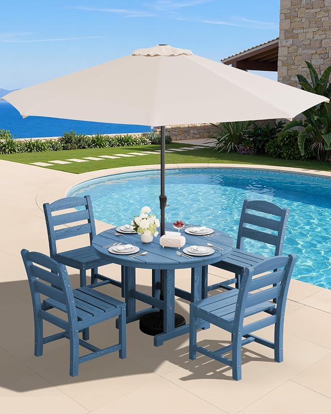 SERWALL 5-Piece Patio Dining Sets, HDPE Outdoor Table and Chairs Furniture Set, 45" Round Dining Table and 4 Armless Dining Chairs, Navy