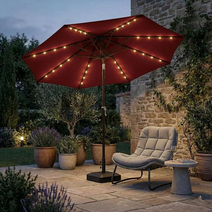 Kingdura 9FT Outdoor Patio Umbrella with Solar Lights, Market Table Umbrella with Push Button Tilt & Crank, 8 Sturdy Ribs, 32 LED Lights, UV Protection for Garden Lawn Deck Backyard Pool (Dark red)