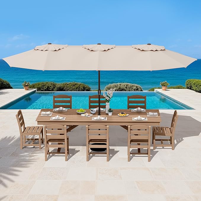 SERWALL 9 Piece Outdoor Dining Set, 84" HDPE Outdoor Table and Armless Chairs Set for 8，All Weather Patio Furniture Set with Umbrella Hole for Backyard, Garden, Brown