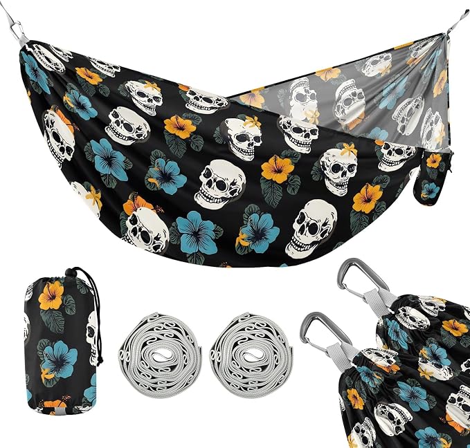 Camping Hammock Outdoor Hammocks for Outside Skull Hibiscus Flower Beach Trees Portable Lightweight with Pockets Tree Straps Indoor