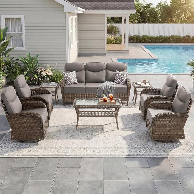 High Back Luxury Patio Furniture Set with 6-inch Thick Cushion, Swivel Rocker Patio Chairs Set of 4 with Outdoor Couch, 8 Piece Wicker Conversation Set for Deck Yard Garden Balcony Gray