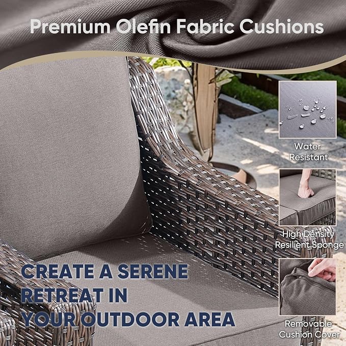 3 Pieces Patio Furniture Set-Wicker Patio Chairs Set of 2 with Tempered Glass End Table Outdoor Patio Chairs for Deck Balcony Poolside Backyard-Brown/Grey