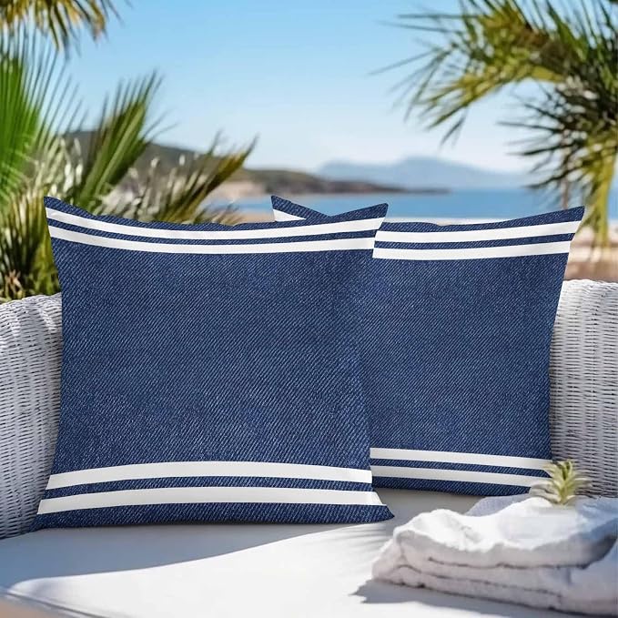 Denim Texture Outdoor Waterproof Throw Pillow Covers 16 x 16 Inches Set of 2 Denim Texture Welcome Navy Blue Decorative Cushion Cover Pillowcase for Garden Patio Tent Beach Livingroom Sofa Couch