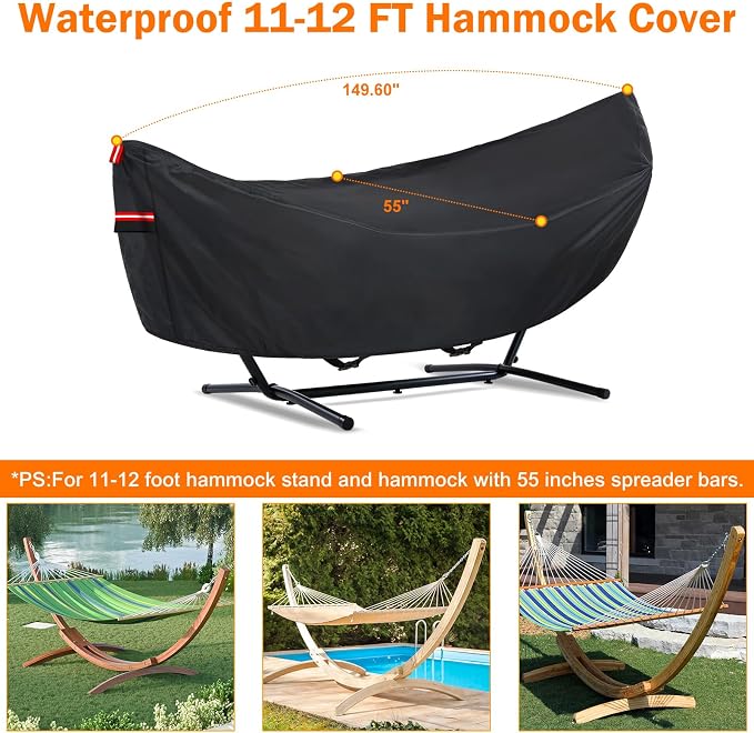 Waterproof 11-12 FT Hammock Cover, 210T Sun Rain UV Dust Snow Protection Outdoor Hammock Covers with Windproof Straps & Soft Cotton Lining for 11-12ft Stand