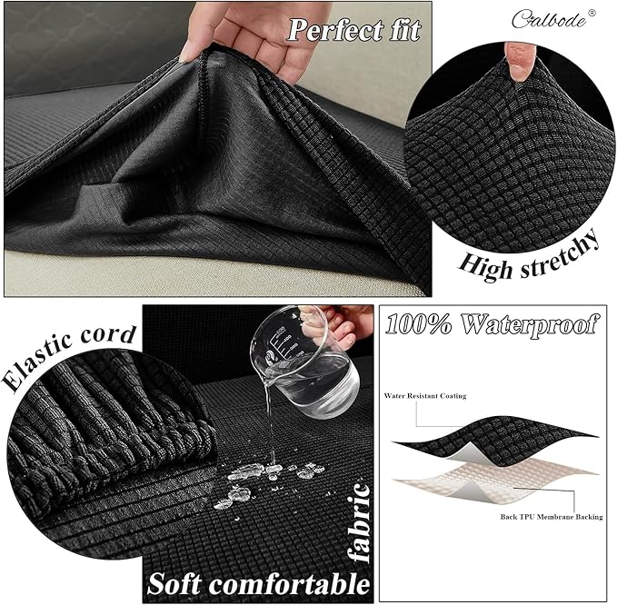 CALBODE 14Pcs Outdoor Stretch Cushion Covers,Waterproof Outdoor Chair Cushion Covers for Patio Furniture, Washable Jacquard Couch Covers Replacement for Patio Furniture(Black, Cover Only)