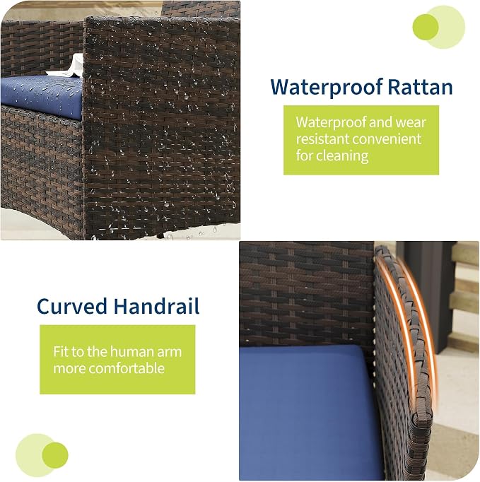 3-Piece Outdoor Patio Bistro Set – Brown Rattan Wicker, Blue Cushions, Tempered Glass Table – Space-Saving for Balcony, Yard, Porch – Brown Gradient Four-Line Rattan + Blue Cushion