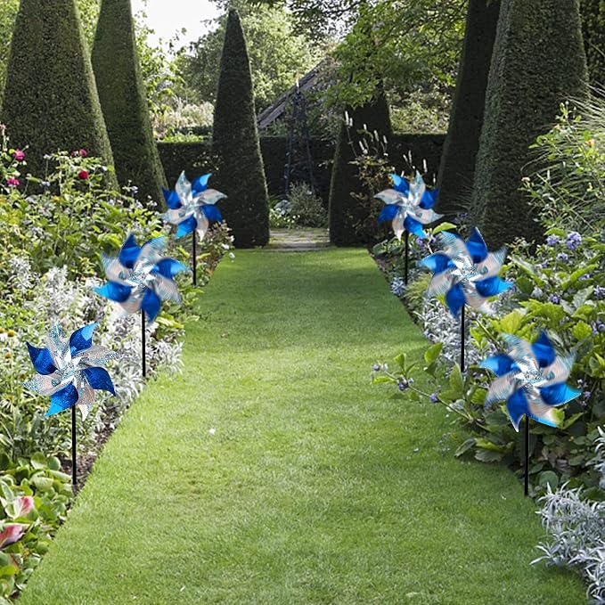 Hausse 10 Pack Reflective Pinwheels with Stakes (Assembly Required), Extra Sparkly Pin Wheel for Garden Decor, Bird Repellent Devices Deterrent to Scare Birds Away from Yard Patio Farm, Blue & Sliver