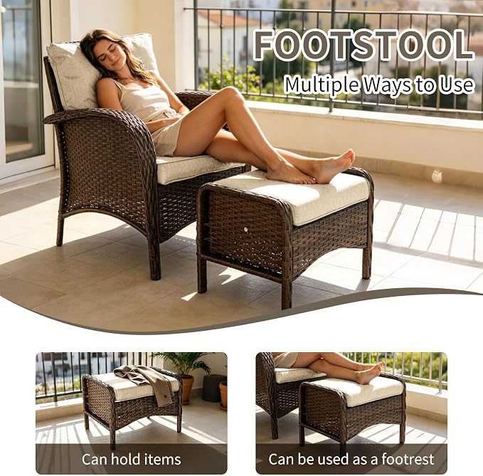 Outdoor Swivel Rocker Patio Chairs (Brown Wicker/Khaki Cushion, 6PC/Sofa & Chair &Coffee Table & Ottomans)