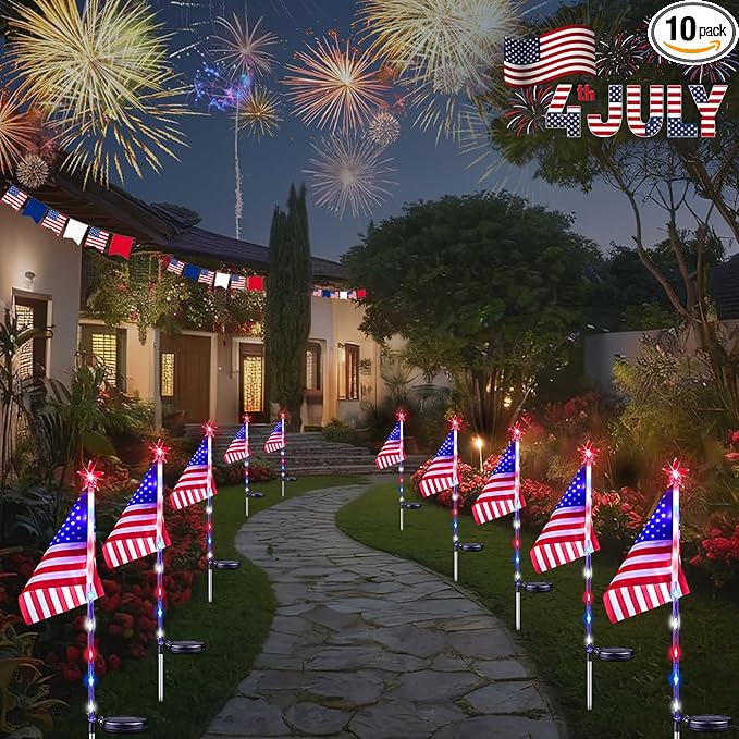4th of July Decorations Outdoor Solar Lights, 10 Pack Red White and Blue American Flag Star Lights for National Day, Waterproof Patriotic Light for Independence Day 250th Anniversary Garden Yard Path