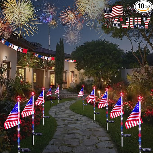4th of July Decorations Outdoor Solar Lights, 10 Pack Red White and Blue American Flag Star Lights for National Day, Waterproof Patriotic Light for Independence Day 250th Anniversary Garden Yard Path