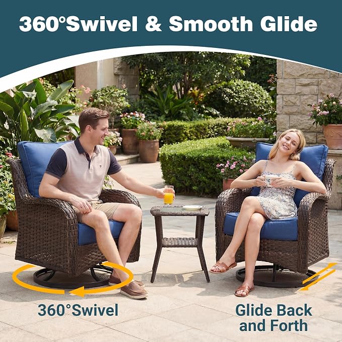 Patio Furniture Set, 8PCS Outdoor Wicker Conversation Set with 6" Thick Cushions, High Back Rattan Sofa & Swivel Rocker Chairs, Weather Resistant Olefin Fabric for Garden, Poolside, Navy Blue