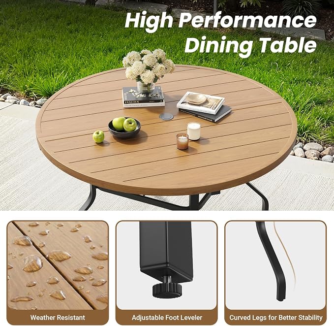 Soohow Outdoor Dining Set for 6, 7-Piece Patio Table and Chairs Set, 6 x Swivel Patio Dining Chairs and 47" Wood-Like Round Outdoor Table with 1.57" Umbrella Hole for Backyard, Poolside