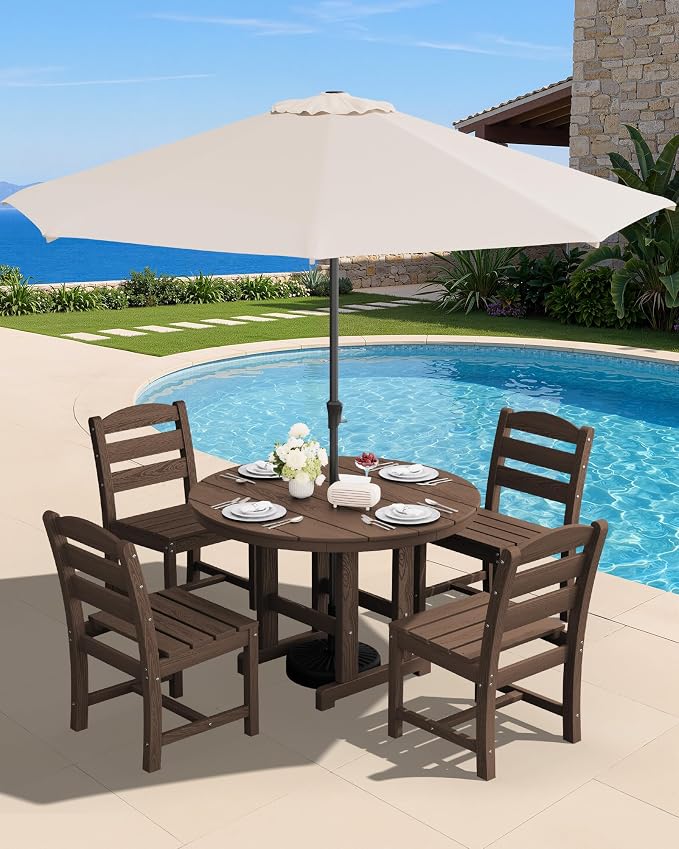 SERWALL 6-Piece Patio Dining Sets, HDPE Outdoor Table and Chairs Furniture Set with Umbrella, 45" Round Dining Table & 4 Armless Dining Chairs & 1 9FT Umbrella, Coffee(Not Include Umbrella Base)