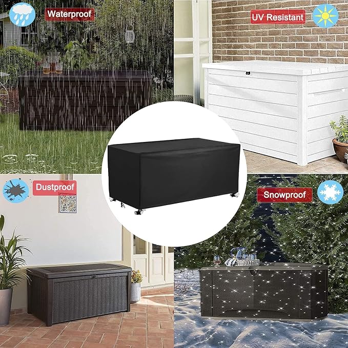 Deck Box Cover 420D Outdoor Patio Waterproof Oxford Fabric Coated with Silver Dustproof Deck Storage Box Protector with Elastic Buckles on All 4 Corners Wheels Protect from Wind Rain Snow Black
