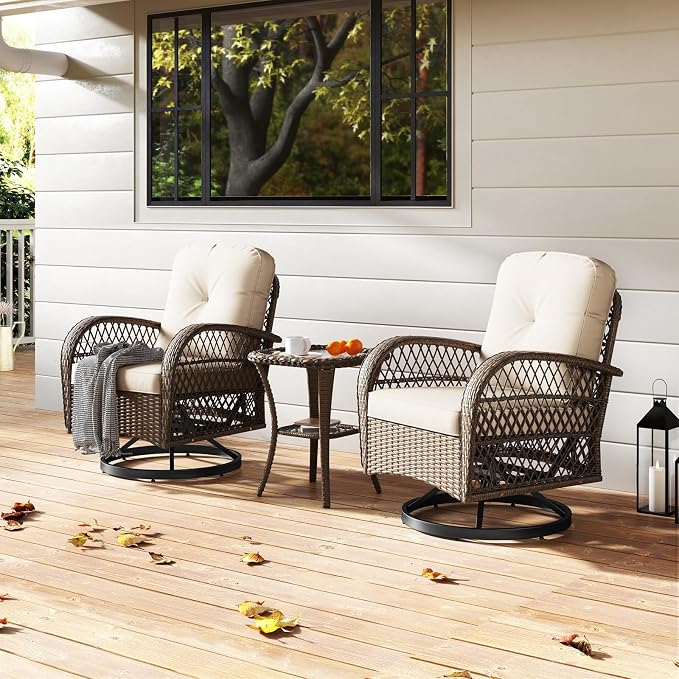 HAPPYGRILL 3 Pieces Patio Furniture Set Outdoor Rattan Swivel Rocker Chairs with Side Table, Outside Sectional Conversation Set with Swivel Rocking Chairs for Deck Porch Garden (White)