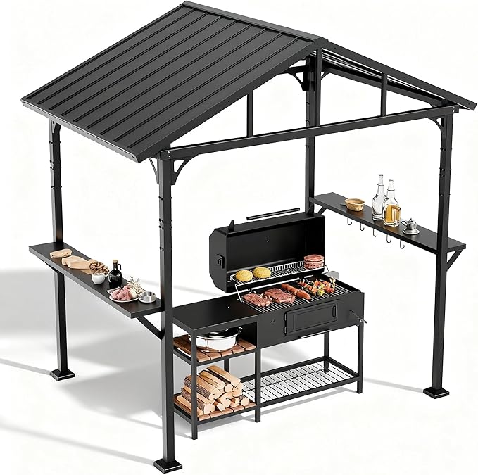 8' x 5' Hardtop Grill Gazebo,Outdoor BBQ Canopy Shelter with 2 Side Shelves and 5 Side Hooks,Patio Pavilion with Galvanized Steel Roof for Patio Lawn Backyard Garden