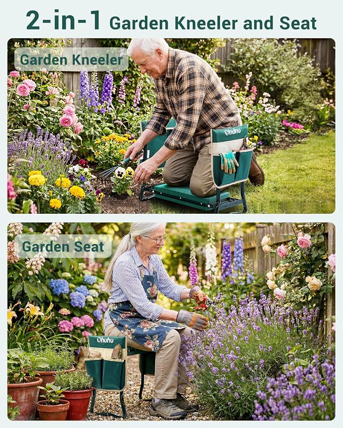 Ohuhu Garden Kneeler and Seat Heavy Duty, Upgraded Gardening Stool with Thicker Wider EVA Foam Kneeling Pad Foldable Garden Bench with 2 Large Tools Pouches, Gardening Gifts for Women Mom Men Seniors