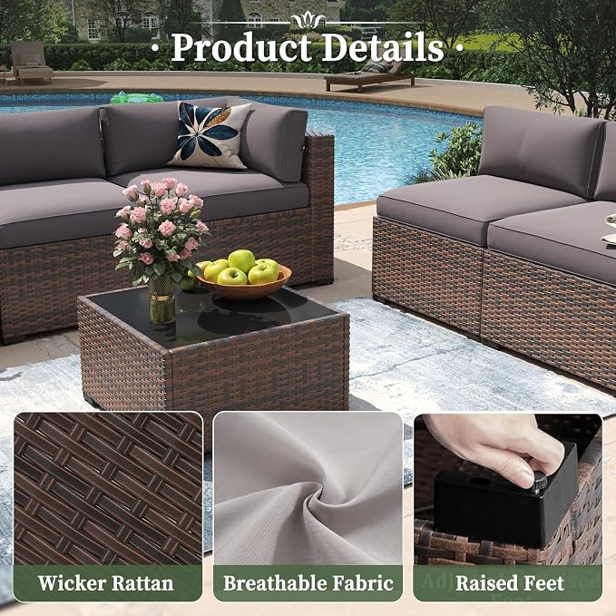 Aoxun 7 Piece Patio Furniture Set Wicker Rattan Patio Conversation Set Outdoor Sectional Sofa Set with Coffee Table and Thickened Cushions, Grey