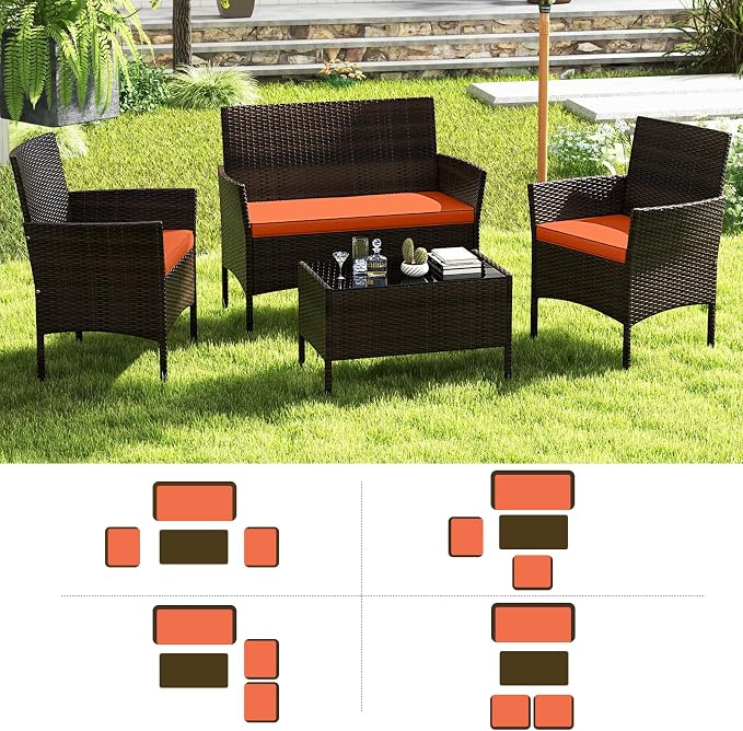 ORALNER 4 Pieces Patio Furniture Set, Rattan Chairs Loveseat with Soft Cushion and Glass Table, Outdoor Wicker Conversation Set for Balcony Garden Backyard Porch Poolside (Orange)