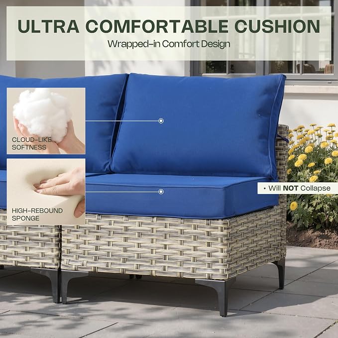 8 Pieces Patio Furniture Set, Outdoor Conversation Set with 360° Swivel Rocker Chairs, Wicker Sectional Sofa & Solar Powered Lighted Table, High Back Outdoor Furniture for Backyard Porch, Navy Blue