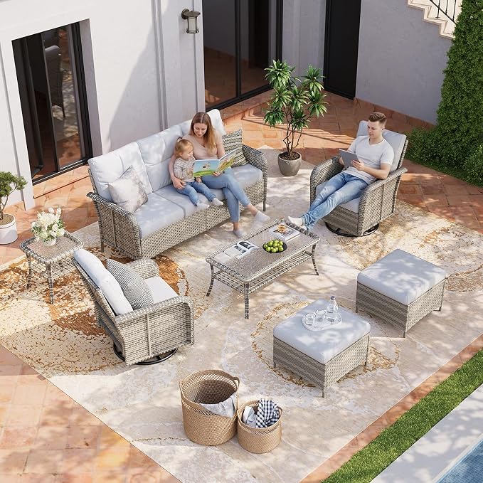 Aoxun Luxury 7-Piece Patio Furniture Set, 360° Swivel Chairs, Wicker Rattan Sofa with Thick Cushion, Outdoor Conversation Set for Backyard, Poolside & Garden, Beige/Gray