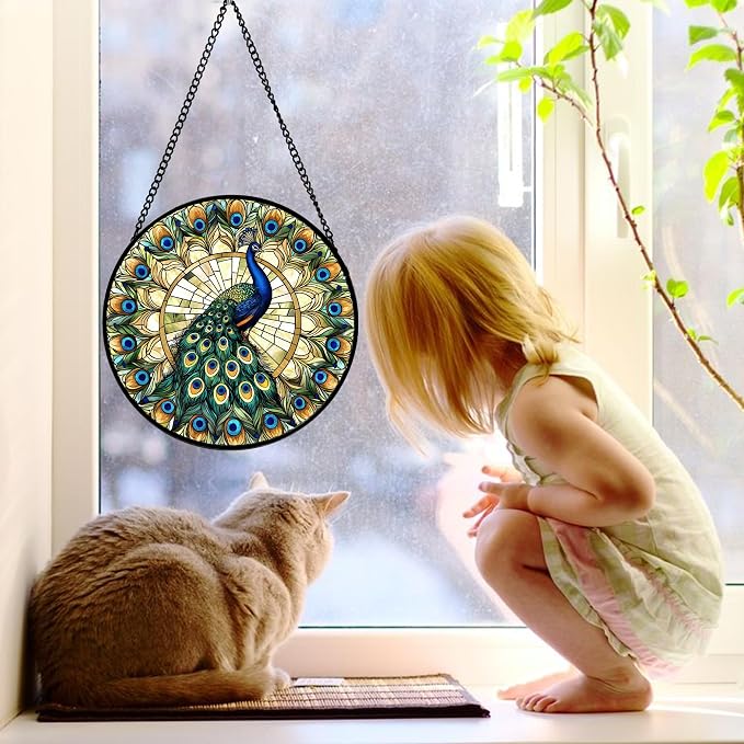 DASTOLL Stained Glass Window Hanging - Retro Peacock Decoration Suncatcher for Door Garden Home Bird Feather Sun Catchers Christmas Mother's Day Birthday Gifts for Women Men Mom Nana Friend 6.3 in