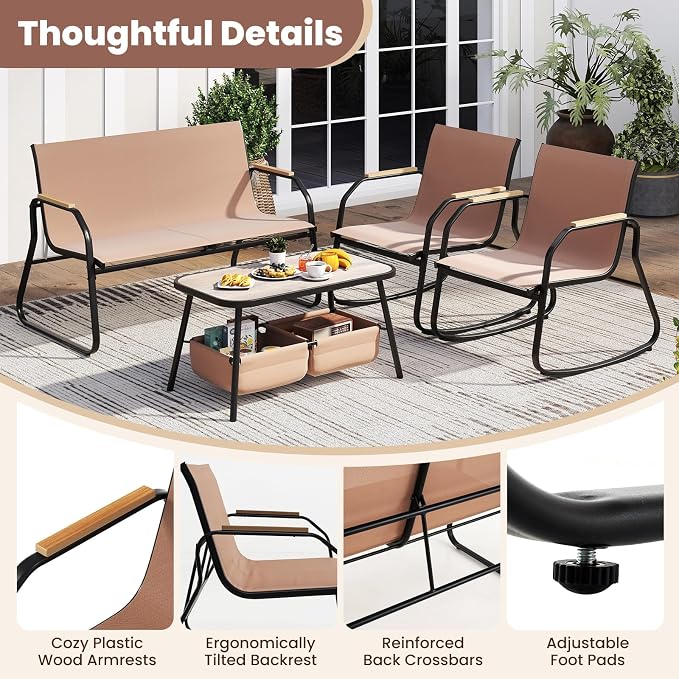 HAPPYGRILL Outdoor Conversation Set with Bistro Rocking Chairs, Loveseat, Storage Coffee Table, Patio Furniture Set with Heavy-Duty Metal Frame, Breathable Mesh Fabric (1)