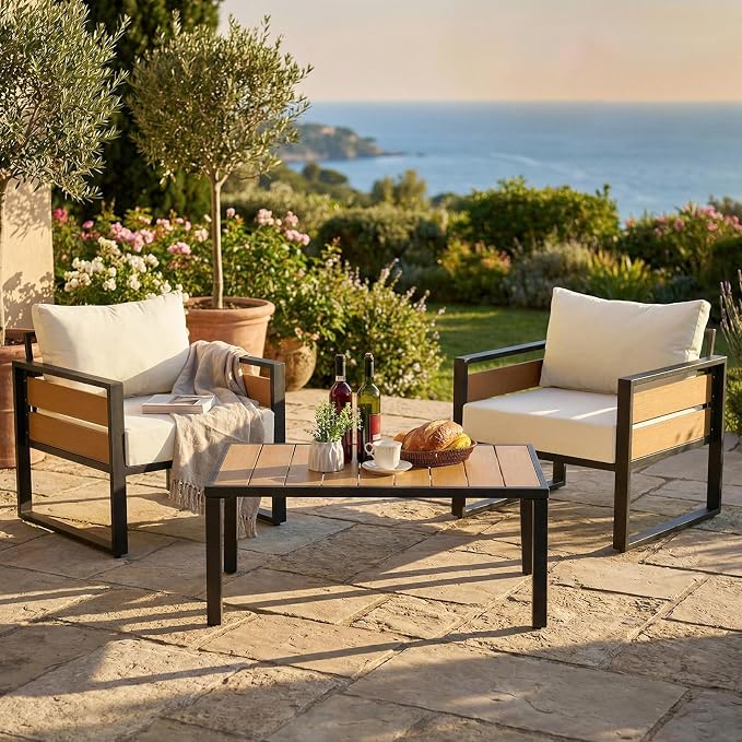 Furnimart Patio Furniture Set, 2-Piece Metal Outdoor Sectional, 2-Seat Patio Conversation Set with Deep Seating, Thick Cushions & Coffee Table for Backyard, Porch & Deck, Beige