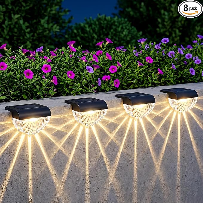 Greluna Solar Fence Lights, 8 Pack Waterproof Deck Outdoor Lights, Auto Dusk to Dawn Step Lights with Warm White Glow, Easy Install for Fence, Patio, Stairs, Pathway, Garden Lighting