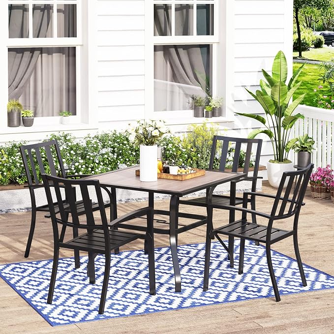 MFSTUDIO Outdoor Dining Set for 4, Patio Table and Chairs Set with Umbrella Hole, Metal Patio Dining Set for Deck/Backyard/Poolside/Garden