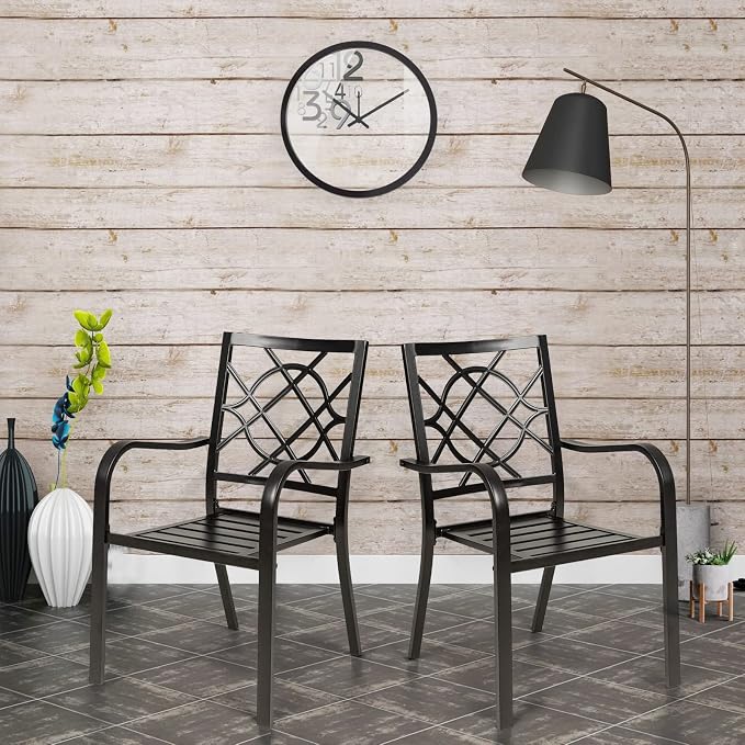 SUNCROWN 4 Pieces Wrought Iron Black Chairs 300 Lbs Outdoor Dining Chairs, Patio Metal Stackable Chair with Armrest for Backyard, Garden, Poolside