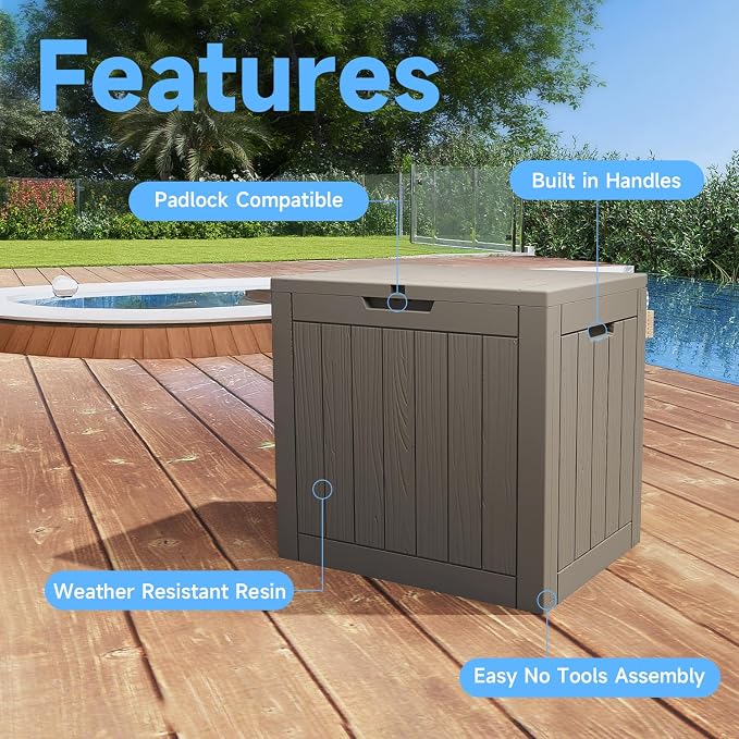 PatioZen 36 Gallon Deck Box,Waterproof Resin Outdoor Storage Boxes, Outside Storage Lockable Container for Garden Tools,Indooor Cushions,Accessories (Grey)