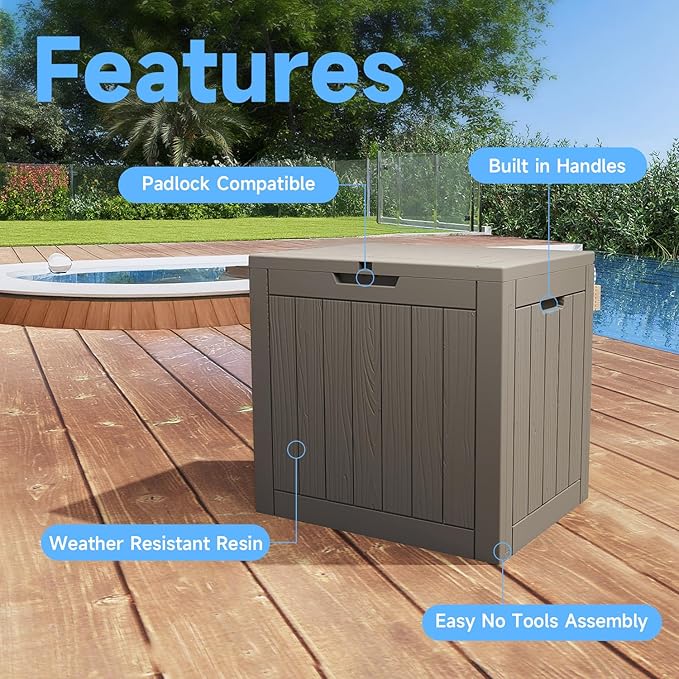 Resin Deck Box Outdoor Storage Box Waterproof for Patio Furniture,Outdoor Cushions,Garden Tools and Pool Supplies (Grey, 35 Gallon)