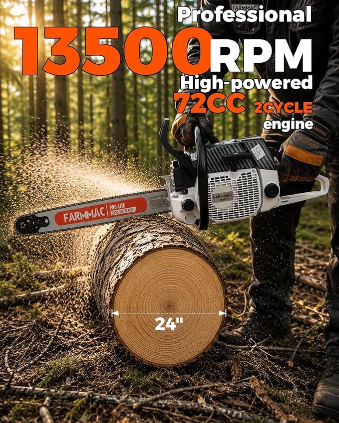 F380W Gas Chainsaw with 28 Inch Advance Bar, 72cc 2-Cycle Gasoline Power Chain Saws, 3.6KW 4.8HP for Professional Logging Work, Power Chain Saw All Parts Compatible with MS381 MS380 038
