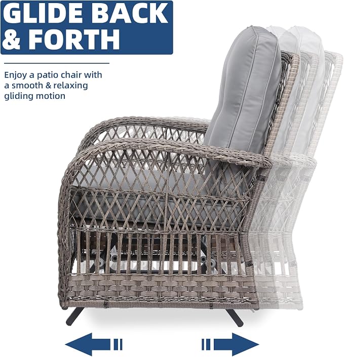 Outdoor Wicker Glider Rocker Chair Set of 2, Patio Rattan Gliding Rocking Chairs with Thickened Cushions, All-Weather Wicker Furniture Sets for Porch Garden & Backyard, Gray